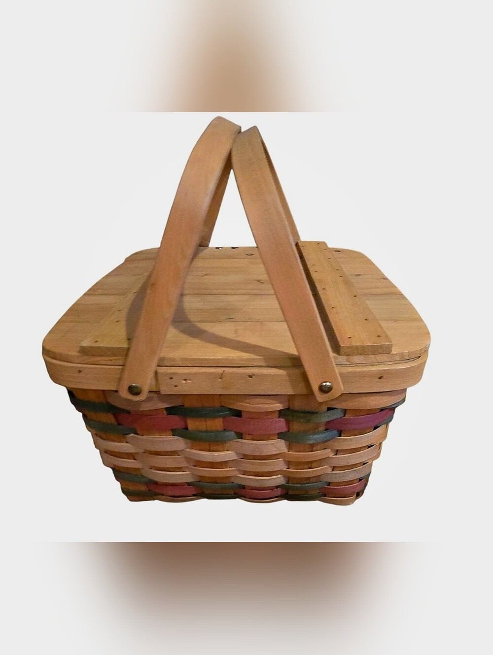 Basketville Vermont Picnic Basket Hinged Lid Double Handled Colored Accent Weave